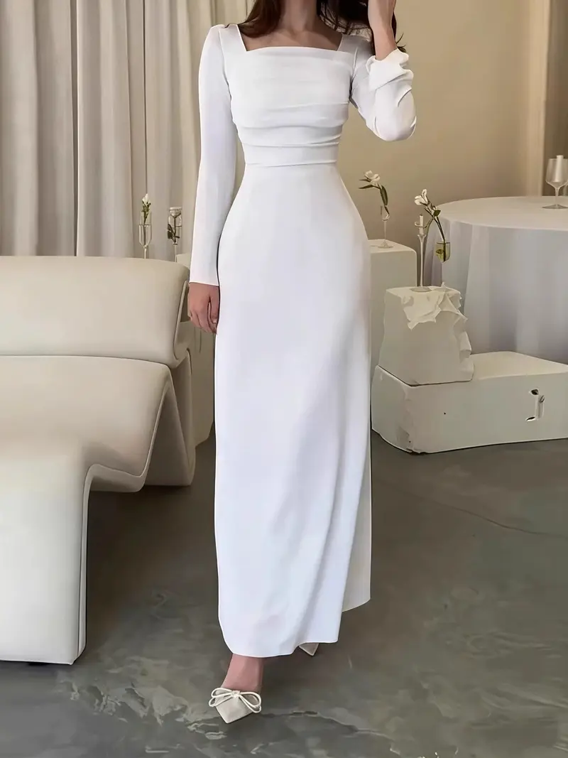 navy blue dress for baby girl Long Autumn Winter Dresses For Women 2022 Elegant Knitted Pleated Dress V  Neck Office Ladies Chic Women Dresses Winter 2022 main image 1