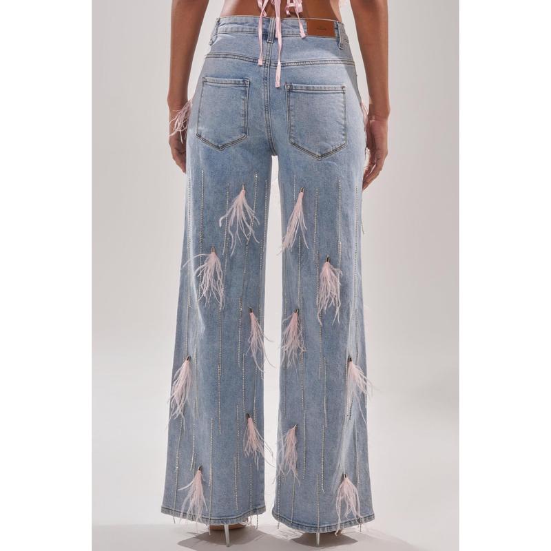 SHAKE IT FOR ME GIRL FEATHER EMBELLISHED DENIM