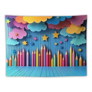 Creative Art Sky Tapestry Blue Plank Background with Floating Colorful Clouds and Stars Dense Colored Pencil Array Showing Childhood Imagination