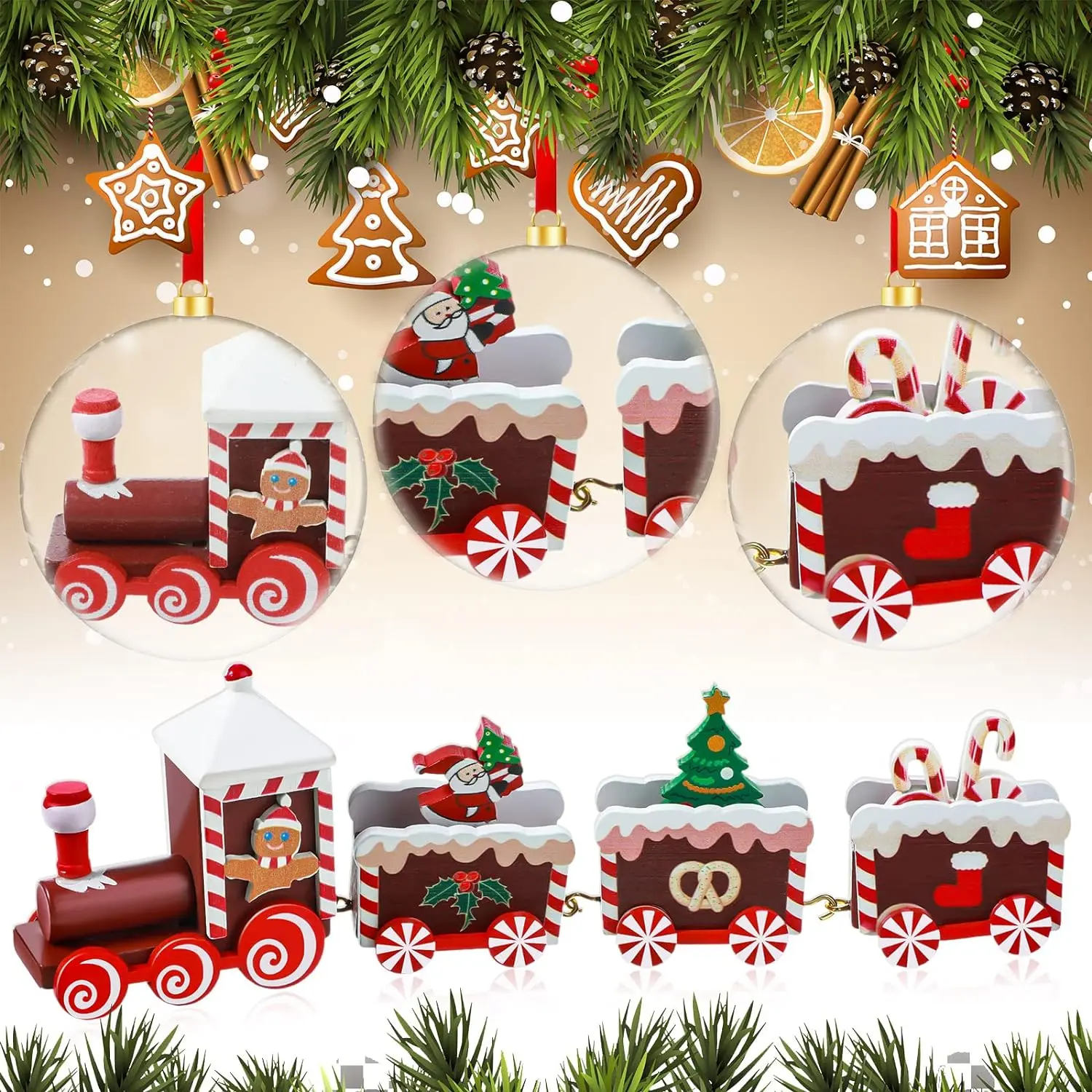 Wooden Christmas Train Decoration Painted Mini Tree Ornament Xmas Table Top Train Decor for Festival Party Santa Claus Red
