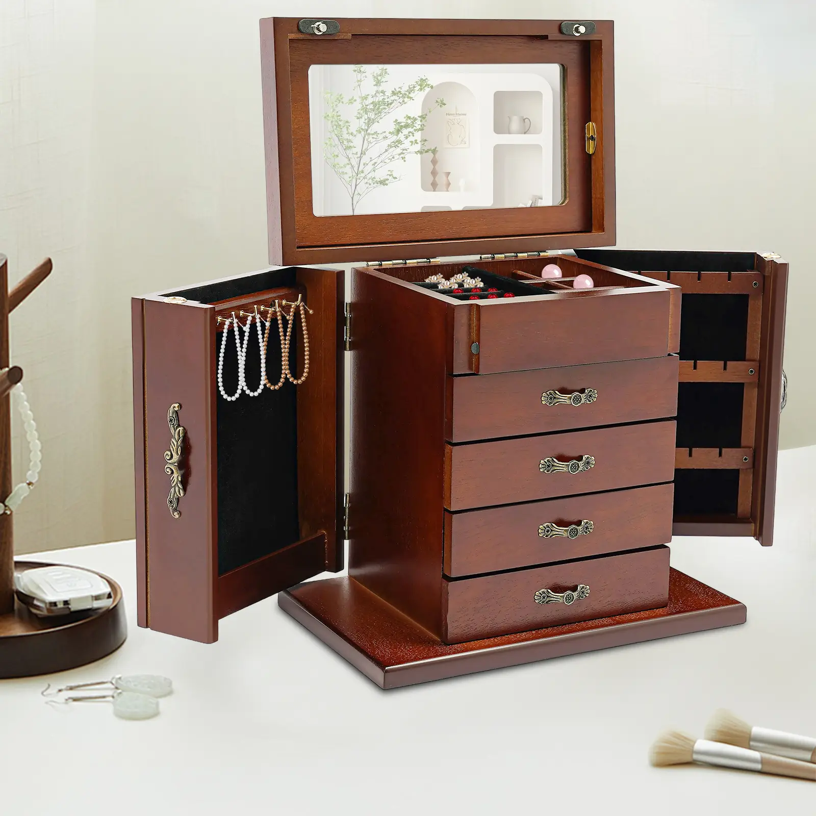 Vintage Rectangular Wooden Vanity Jewelry Box - 5-Tier, 4-Drawer Multi-Tiered Organizer with Drawers for Necklace, Ring, Bracelet - 3.15kg Pre-Assembled Living Room Dresser Indoor Furniture Unit
