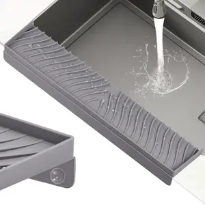 4" x 20" Silicone Sink Edge Protector, Sloped Recessed Drainage Design Kitchen Sink Splash Guard with Suction Cup, DIY Adjustable Splash Guard for Stainless Steel/Granite/Quartz (Grey)