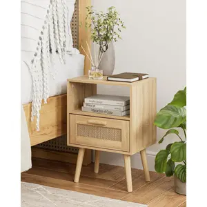 Rattan Nightstand, Small Night Stand, Side Table with Drawer Open Shelf, Cane Accent Bedside End Table with  , Mid Century Modern Nightstand for Bedroom, Oak (Mid-Century Modern)