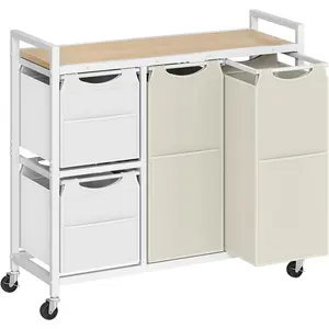 Laundry Sorter with 4 Section, 34 Gal. (127 L) Laundry Hamper with Wheels, Rolling Laundry Basket with Shelves, Pull-Out Detachable Bags, Side Pockets, White,  and Beige WNE14XY01N1