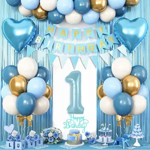 1st Birthday Decorations Blue White Gold,First Birthday Balloons with Happy Birthday Banner Fringe Curtain Heart Foil Balloons for Boys Girls 1 Year Old Birthday Decor