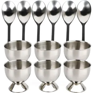 Stainless Steel Egg Cups Set for Hard Soft Boiled Eggs with 6 Egg Cup Holders 6 Egg Spoons