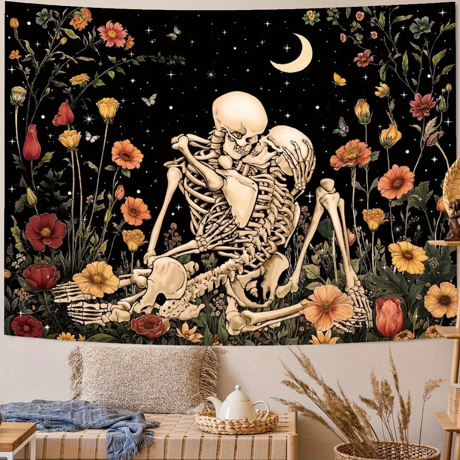 Gothic Flower Skull Polyester Wall Tapestry - Artwork Print Tapestry with Skeleton Motif, Mushroom Theme, Dark Academia Aesthetic Accent for Bedroom, Dorm, Artwork Print Tapestries