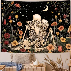 Gothic Flower Skull Tapestry, Polyester Home Decor with Skeleton Motif and Mushroom Theme, Dark Academia Vibe Aesthetic Accent for Bedroom, Dorm