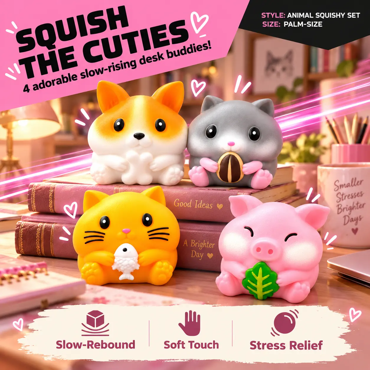 Animal Squishy Toys Set, Slow Rising Squeeze Stress Toys, Soft Sensory Fidget Toys, Cute Kawaii Desk Toys for Kids Adults, Pig Cat Hamster Dog