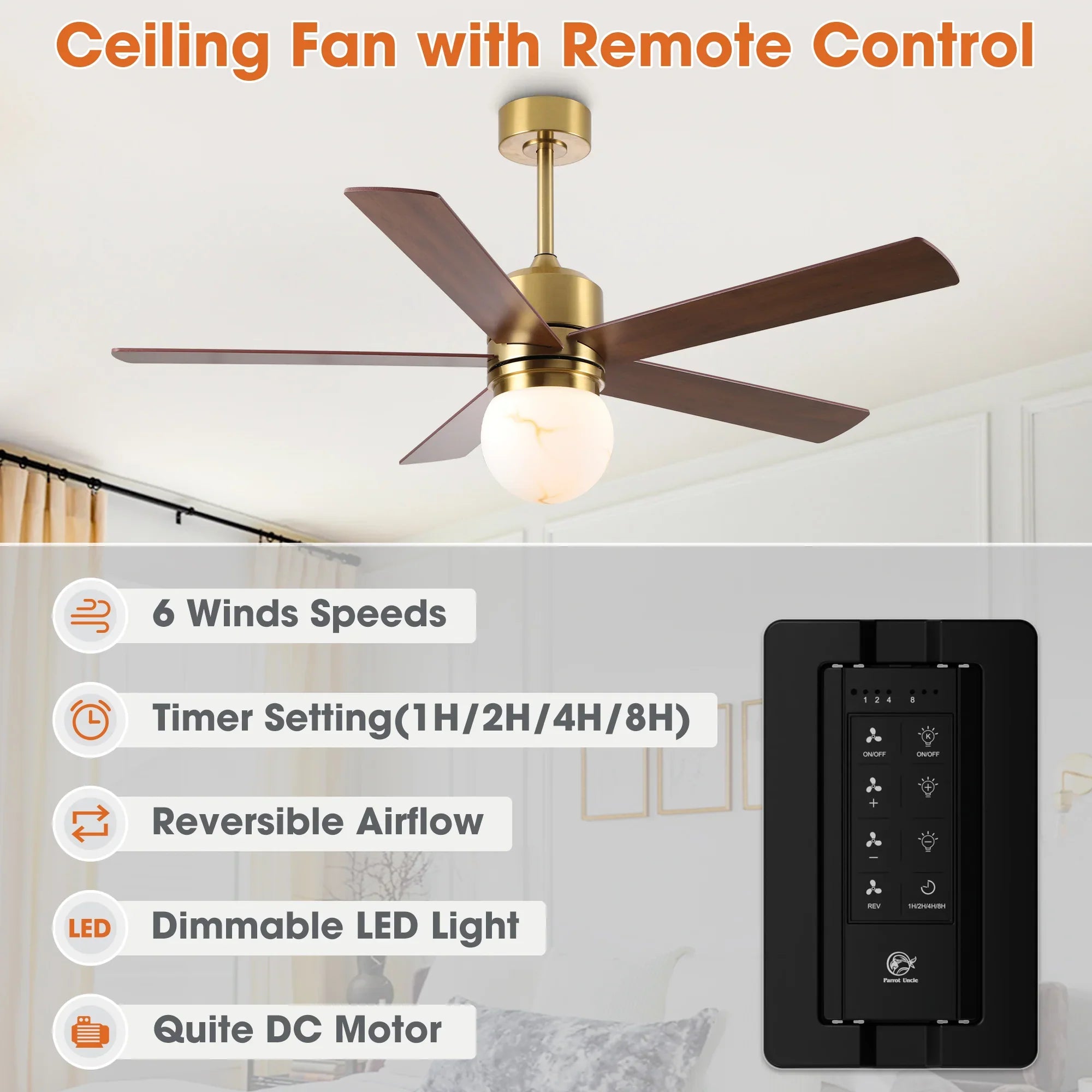 Alva 52 Inch LED Ceiling Fan with Double-Sided Blades, Downrod Mount, Reversible Quiet Motor & Remote Control