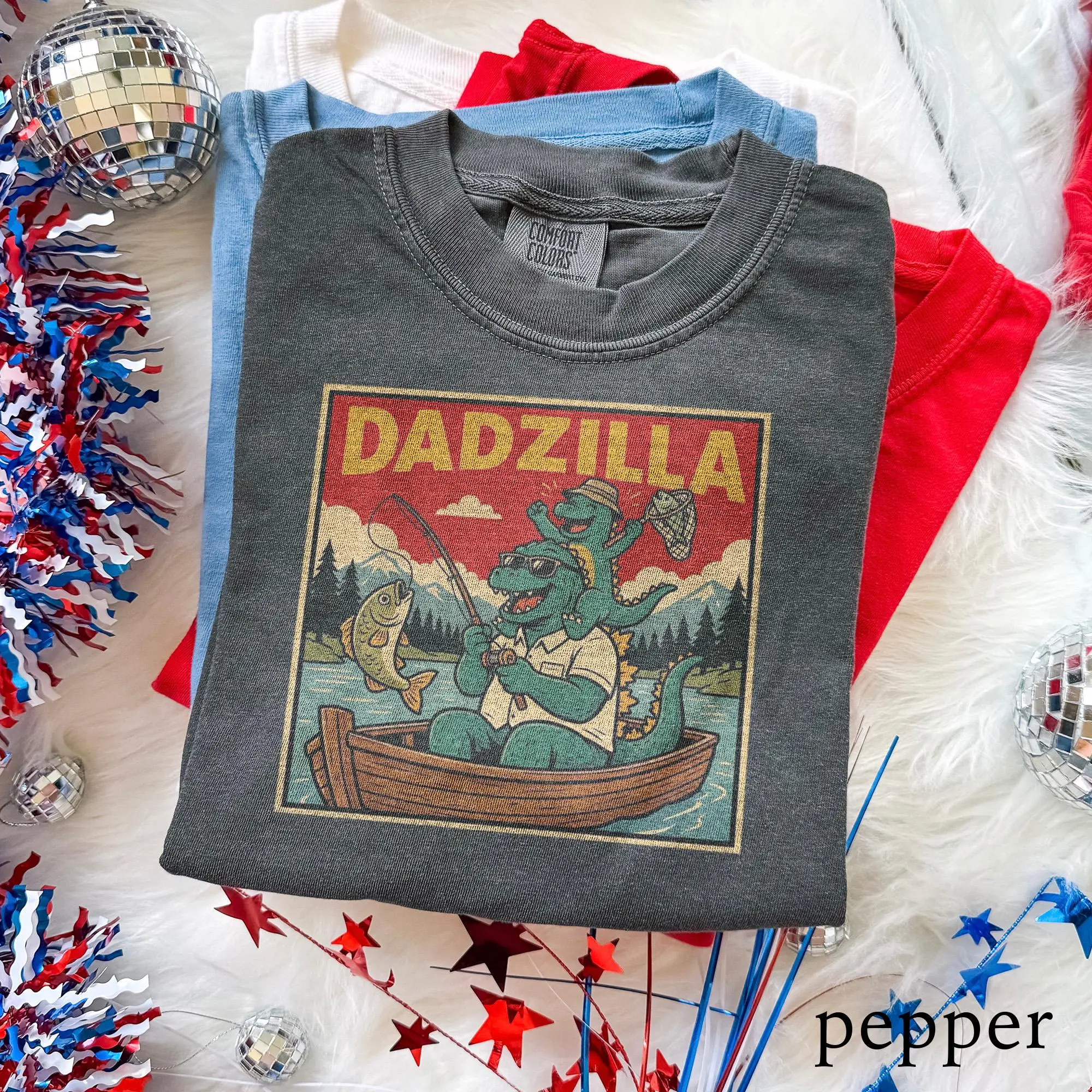 Comfort Colors Dadzilla T-Shirt - Funny Dinosaur Fishing Dad Graphic , Retro Lake Boat And Mountain Design , Dad Humor Outdoor Lifestyle , Father’s Day Weekend Outfit , Casual T-Shirt , Gift For Dad And Grandpa