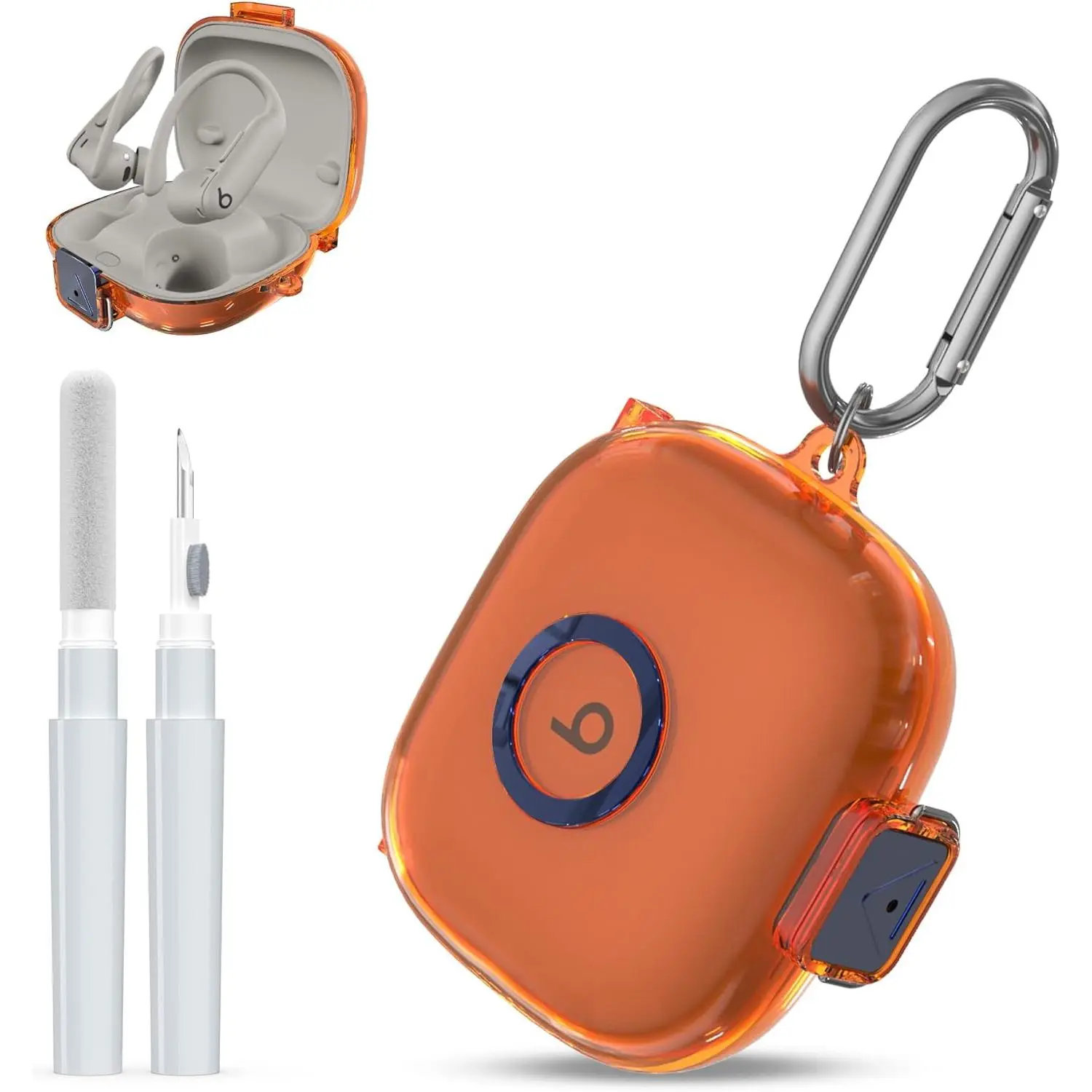 [Upgrade Secure Lock] for  Powerbeats Pro 2 2025 Case Cover with Cleaner Kit,  Clear TPU Shockproof Protective Cover with  Powerbeats Pro 2 Charging Case with Carabiner-Clear Orange
