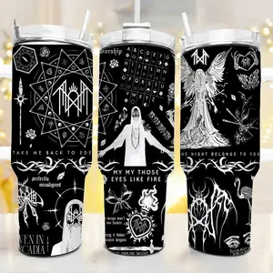 Dark Gothic Tattoo Flash Tumbler, Sleep Token Tumbler, Blackwork Art Travel Mug, Dark Aesthetic Skeleton Flamingo Gift, Emo Alt Rock Coffee Cup, 40oz Stainless Steel Grim Reaper Tumbler, 20oz Double Silver Edge Tumbler