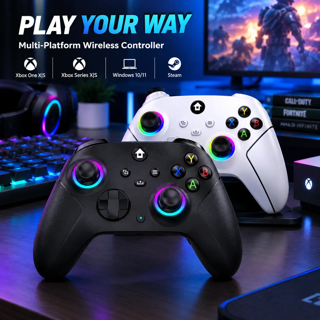 TechVibes 2.4GHz Wireless Gaming Controller for Xbox Series X/S, Xbox 1 & Windows PC - Hall Effect Joysticks, Programmable Buttons, Turbo Mode, RGB Lights, Dual Vibration Controller dualsense edge