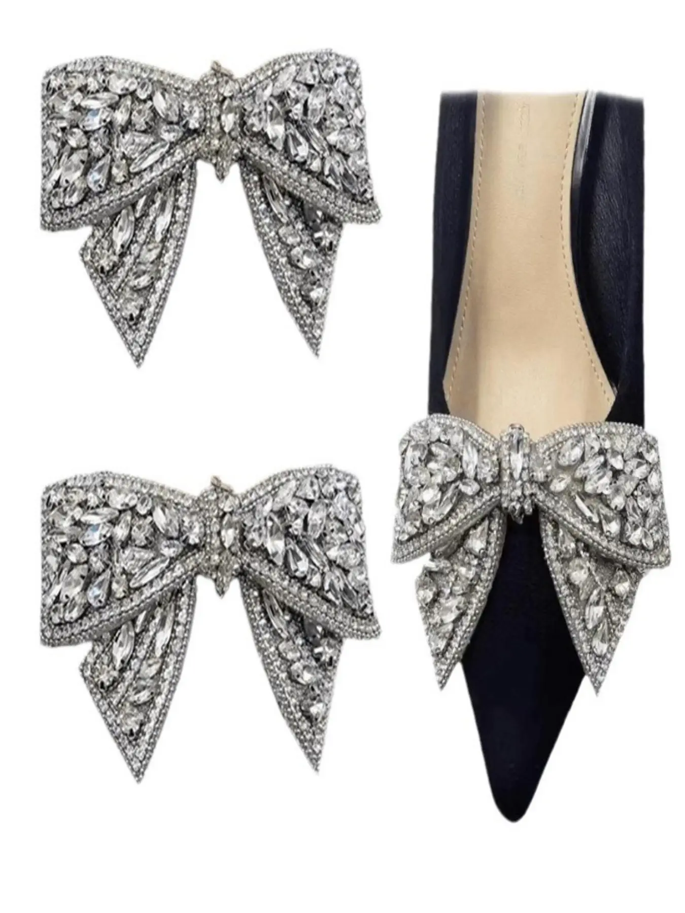 Silver Color Bow Rhinestone Shoe Clips, Detachable DIY Shoe Accessories, Fashion Elegant Luxury Style, Wedding Decoration Shoes Decor
