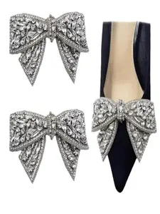 Silver Color Bow Rhinestone Shoe Clips, Detachable DIY Shoe Accessories, Fashion Elegant Luxury Style, Wedding Decoration Shoes Decor