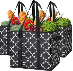 Reusable Grocery Bags 3-Pack Foldable Washable Large Storage Bins Basket Water Resistant Shopping Tote Bag Black