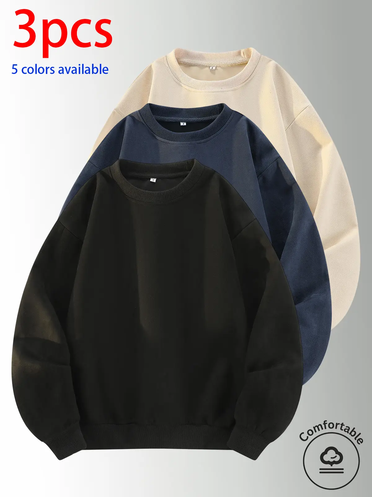 3-pack: men’s crewneck sweatshirt, men’s pullover sweatshirt.Loose, comfortable fit, no print design—simple and versatile for home, everyday casual wear, campus, and commuting to work.