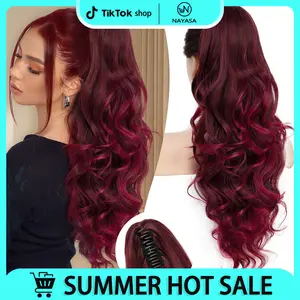 Claw Clip Wine Red Ponytail Extension, 24" Long Curly Wavy Claw Clip in Ponytail Hair Extensions, Jaw Clip on Pony Tails Fluffy Hairpiece for Women Daily Party Use