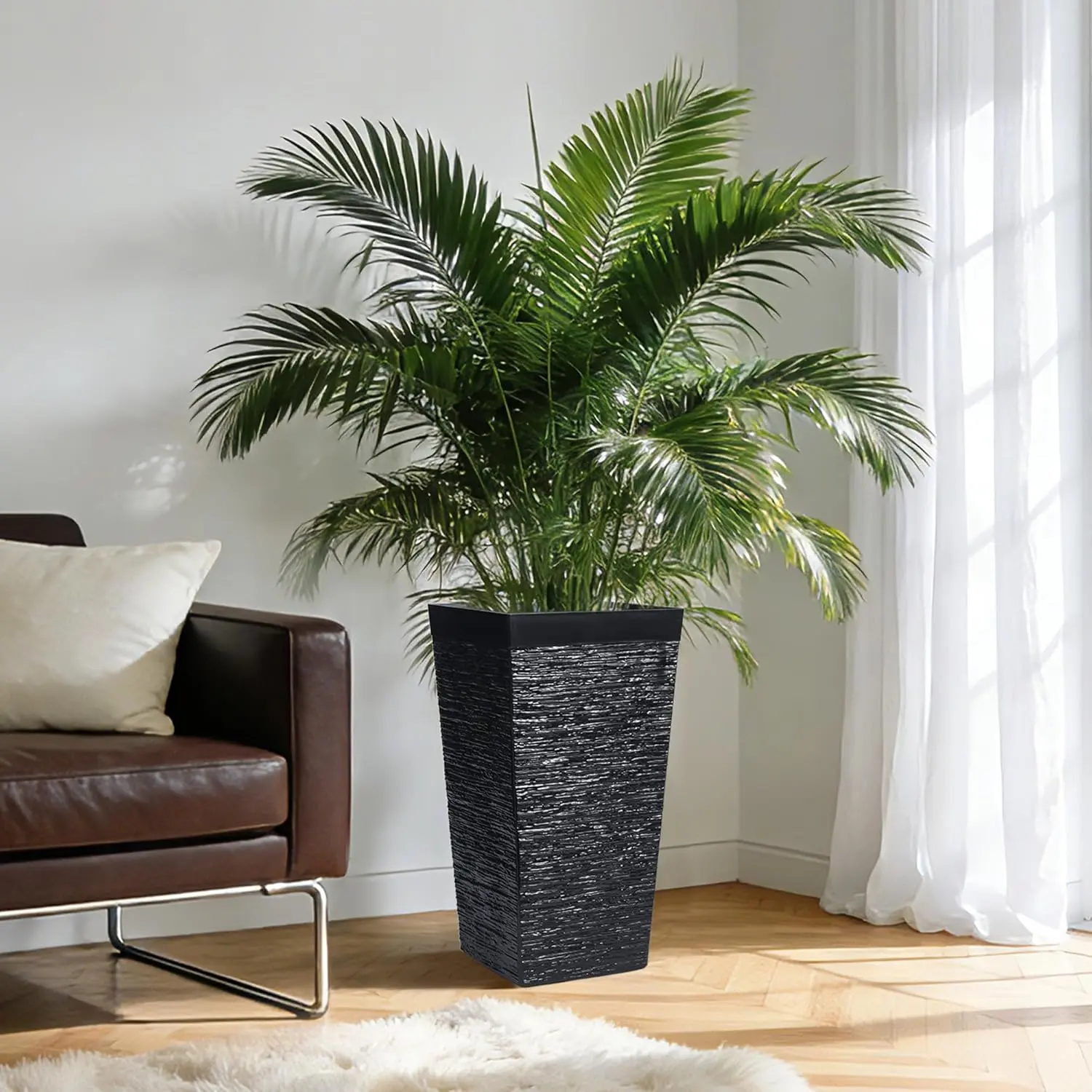 Garvee 3-Pack Large Tall Rectangular Planter Boxes – Modern Flower Pots for Indoor & Outdoor Use, Durable Plastic with Drainage Holes & Wheels, Ideal for Garden, Patio, Porch, Balcony, Black