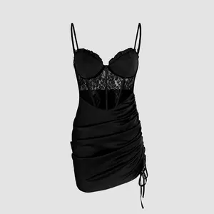 Women's Solid Lace Corset Drawstring Cami Short Dress - 2 Colors, Size 2-10, Casual Cider Style