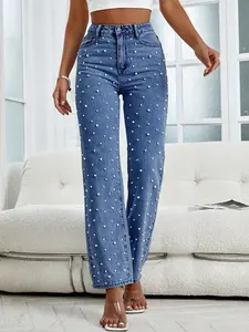 [US Shipping] MW Shiny Womens Straight Leg Pearl Jeans Baggy High Waisted Jeans Casual Boyfriend Sparkly Denim Pant Trouser Womenswear Bottom