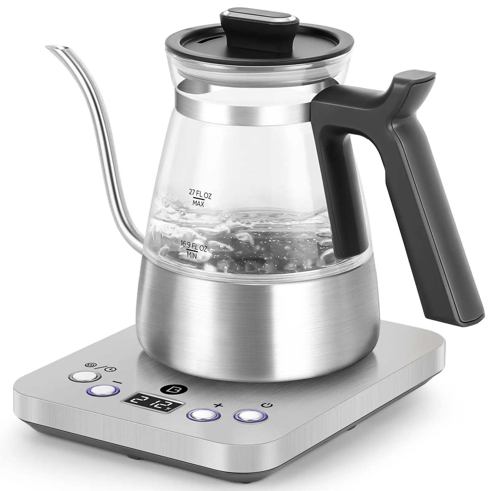 Keg5831 Gooseneck Electric Kettle  Stainless Steel Glass With Temperature Control & Reservation Time Function Pour Over For Coffee Tea Fast Boiling Auto Shut-off 1200w/0.8l