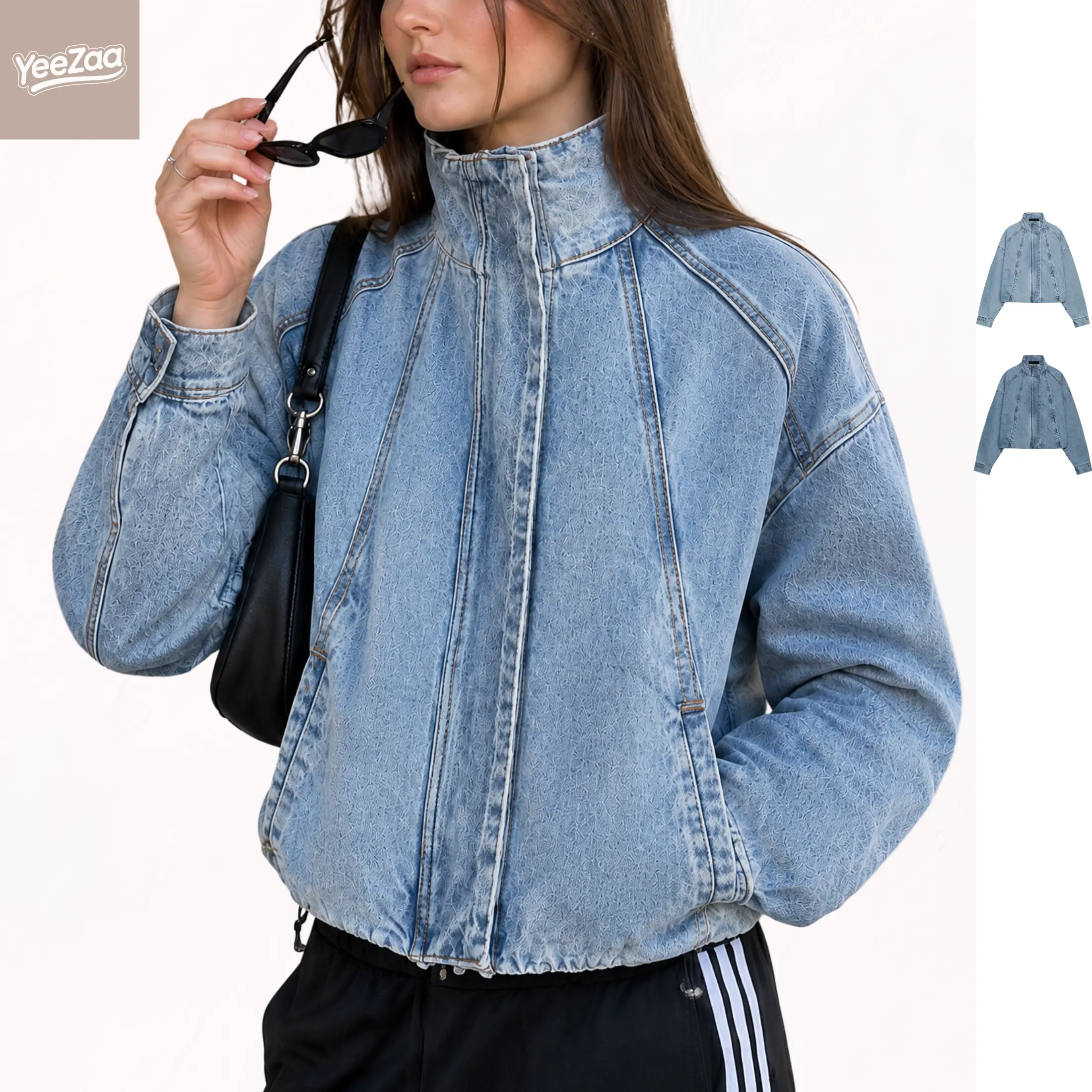 YeeZaa Denim Jacket For Women Zip Up Long Sleeve Drawstring Hem Cropped Jean Jacket, Oversized Casual Fall Shacket Coat with Pockets