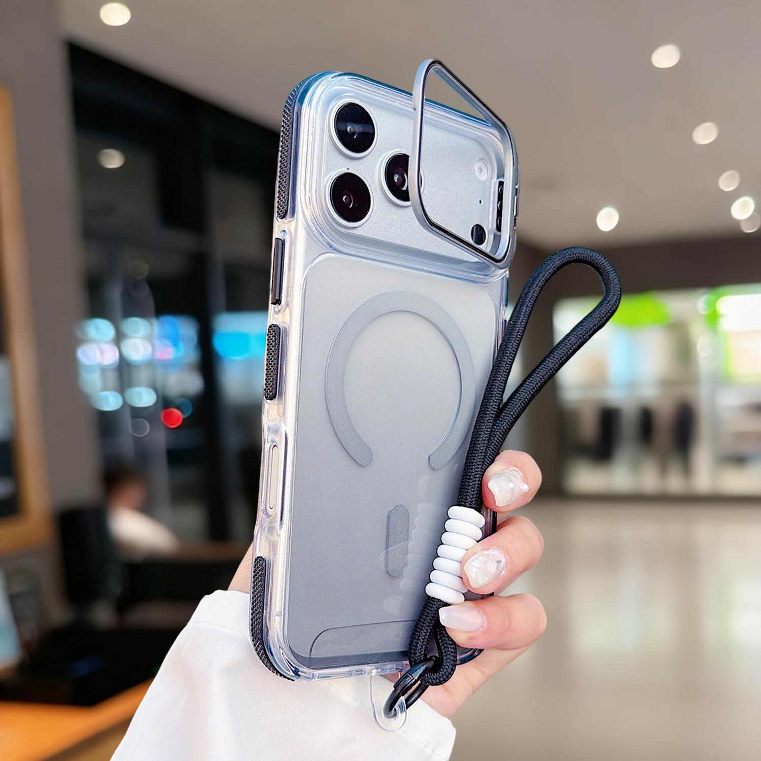 Magnetic Clear Stand Case for iPhone 17 Pro Max 17 Air 16 15 14 13 Pro Max, Compatible with MagSafe, Slim Shockproof Bumper + PC Back Metal Kickstand Wrist Strap, with Camera Lens Holder