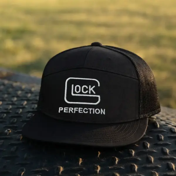 Glock Perfection Camo 7 Panel Trucker Hat, Tactical Snapback Cap, Flat Bill Mesh Hunting Hat, Outdoor Sports Hat, Gift for Shooting Enthusiasts