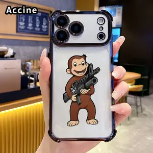 Four Corners Air Cushion Phone Case for iPhone 17 16 Pro Max 15 Plus 14 13 12 11 E Air Machine Gun Monkey Pattern Anti-drop Cell Electroplated Transparent Silicone Cover