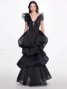 Marchesa Multi-Tiered Black Pleated Gown