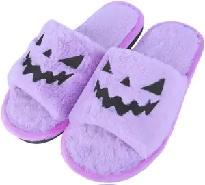 TITTOK Spooky Slides Halloween Slippers Jack O Lantern Pumpkin Soft Plush Cozy Open Toe Indoor Outdoor Fuzzy Slippers Gifts For Girls Women Girlfriend Men