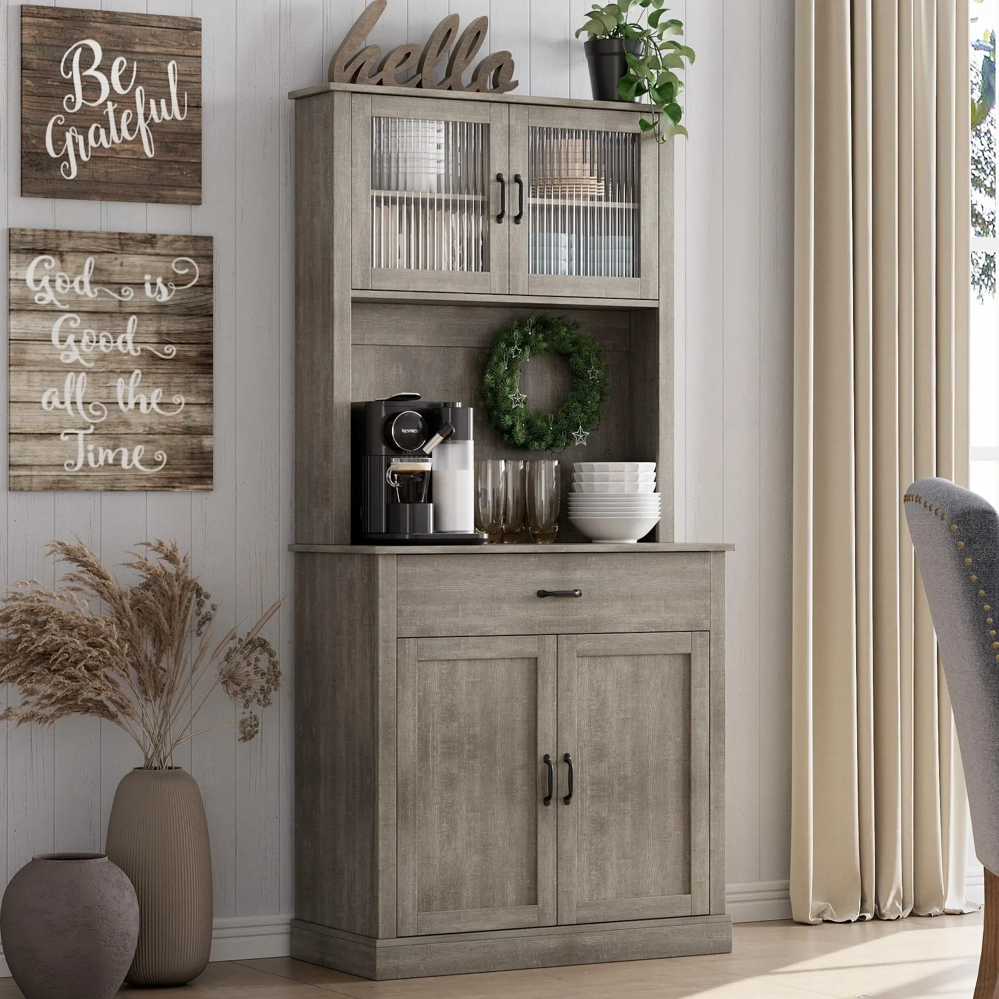 Tall 70.9" Kitchen Pantry Cabinet with Microwave Stand - Sturdy Freestanding Buffet, Glass Doors, Adjustable Shelves, Deep Utensil Drawer, Wipe-Clean Finish, Appliance Organizer for Dining Room, White Rustic Gray, Hallway Furniture