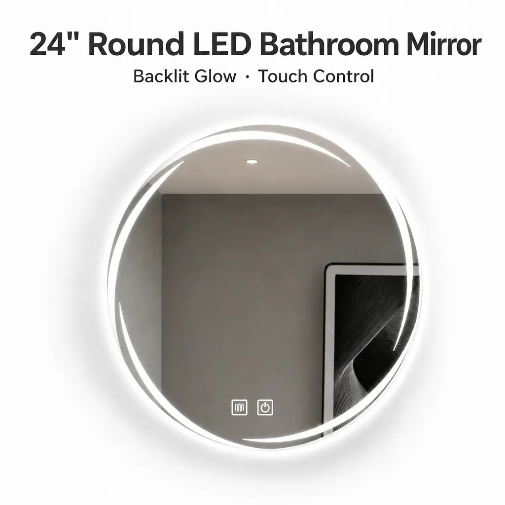 24 Inch Round LED Bathroom Mirror, Plug-In Frameless Backlit Vanity Mirror with Anti-Fog, 3 Color Lights, Dimmable Touch Control for Bathroom and Vanity