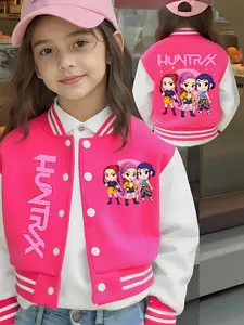 Girls' Two-Sided Print Baseball Jacket, Cute Cartoon Design, Casual School Uniform Outerwear, 4-12y, Fall & Winter, Daily Wear, Party, Outdoor, Teen Titans Jackets