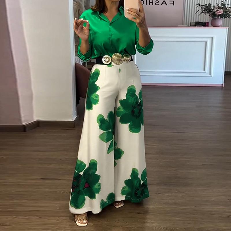 CHICME 2 Pieces Outfit Long Sleeve Satin Blouse and Casual Wedding Guest Floral Print High Waist Wide Leg Pants Wedding Set/High-Waisted Lounge Outfit/ Satin Blouse and Pants Set（Without Belt Flowy