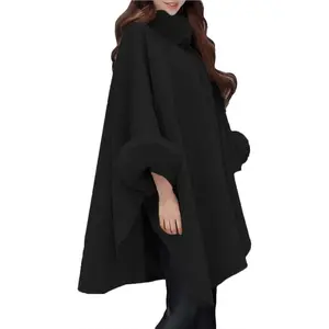 Women's Winter Wool Blended Faux Fur Coats Warm Baggy Oversized Shawl Wraps Cloak Trench Coat Poncho Cape Outwear