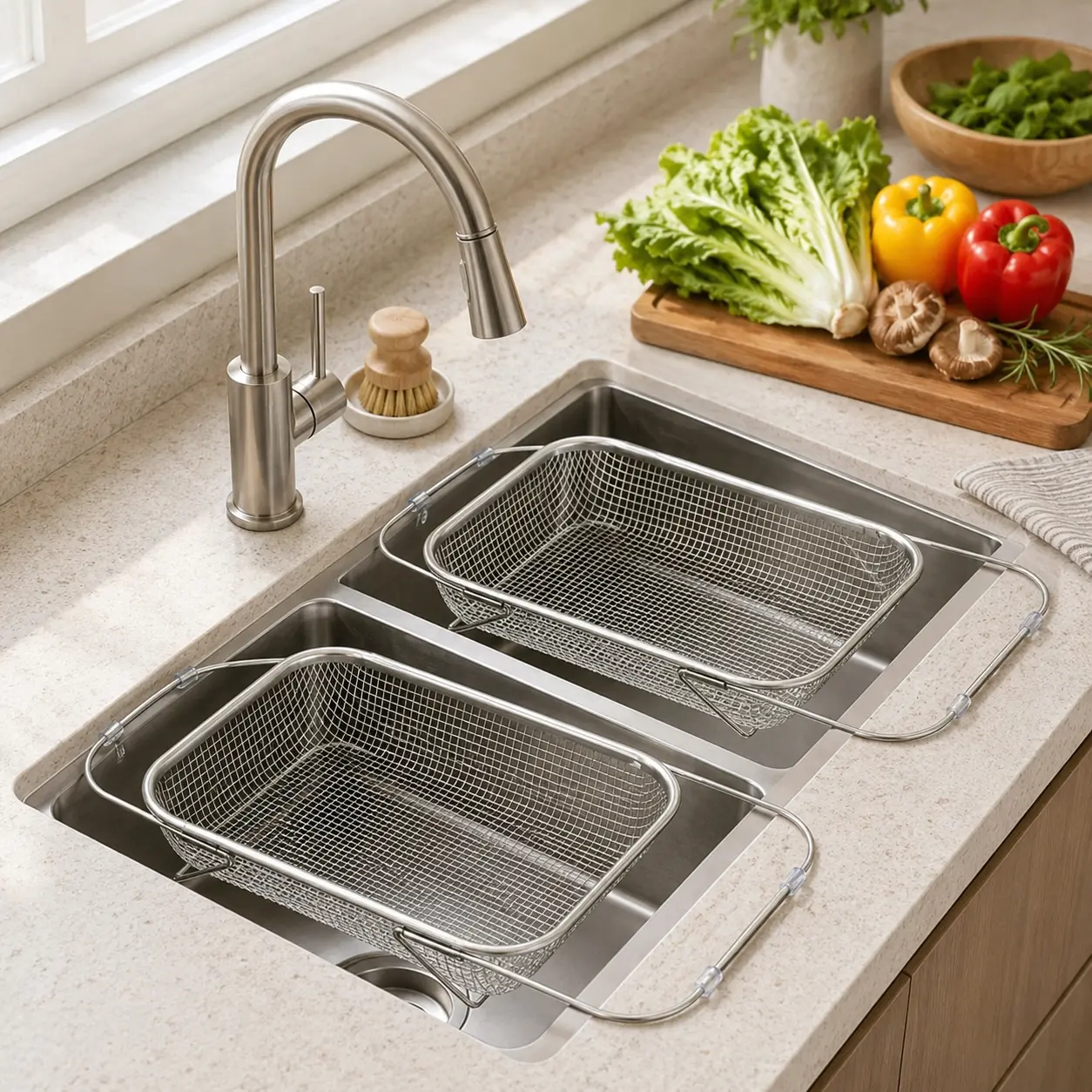 Expandable colanders spanning kitchen sinks