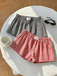 2-Pack Retro Plaid Elastic Waist Shorts, Beach Vacation Style Summer Beachwear, Millennial Girl Must-Have, Fashionable and Versatile Check Series