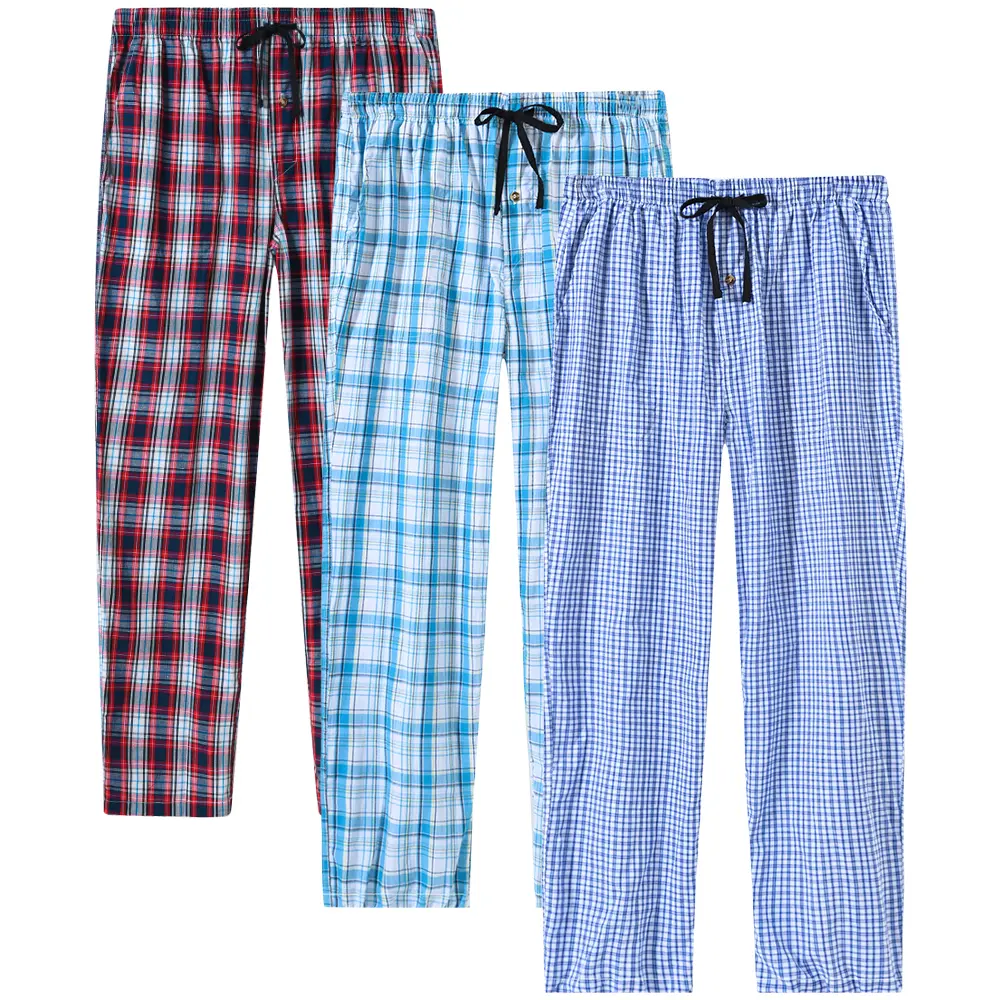 MoFiz 3-Pack Classic Unisex loose fit Pajama Pants 100% COTTON Ultra Lightweight  Checkered Pjs Bottoms Sleepwear Bottom Pants with Pocket Drawstring Comfy four season Outdoor or Home wear