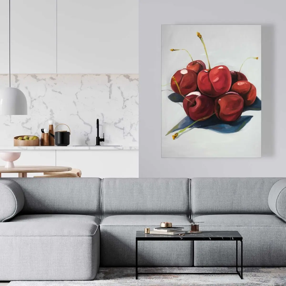 212 MAIN Vibrant Artistic Pile of Cherries Photo Print Wall Artwork, 36x48 in, Inviting Wall Decoration for White Kitchen, Ideal Gift for Home Supplies Enthusiasts