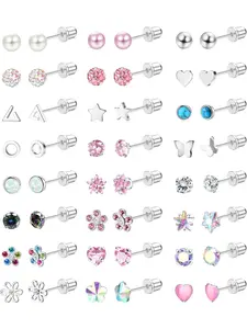 Tiny 24 Pairs Silvery Cute Flat Back Earrings 304 Surgical Steel Earrings for Women Men Colorful Hypoallergenic Stud Earrings Flower Heart Shaped Earrings Butterfly Pearl Zirconia Screw Back Earrings Small Stud Earrings Set Hypoallergenic CZ Earrings