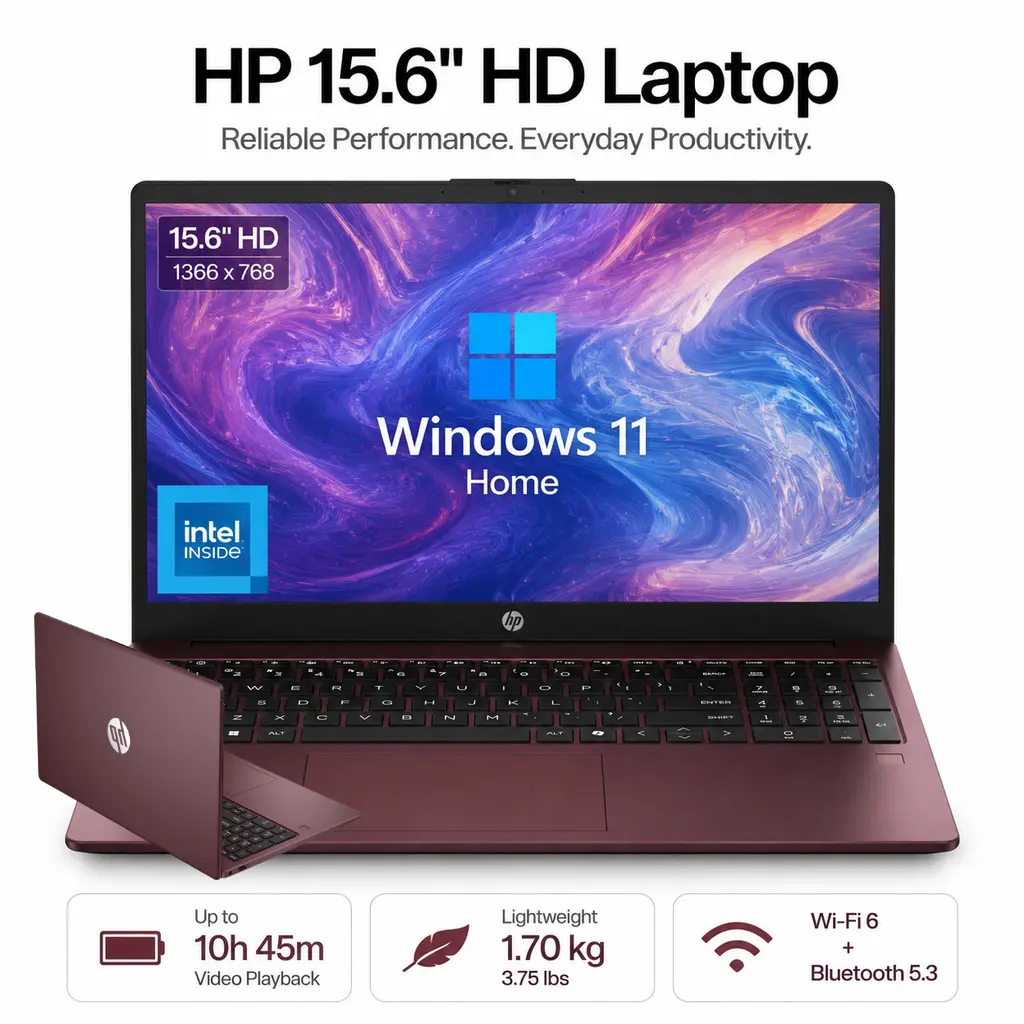 HP 15.6" Laptops with 1366x768 HD Screen, Intel Quad-Core N200 CPU, 4/8/16GB RAM, 128GB PCIe SSD, Wi-Fi 6, Built-in Webcam, HDMI, Numeric Keypad, Windows 11 Home, Glimmer Garnet