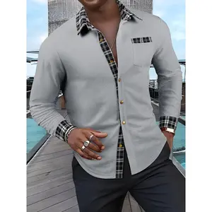 Men's textured waffle fabric spliced plaid metal design button long-sleeved outdoor casual shirt