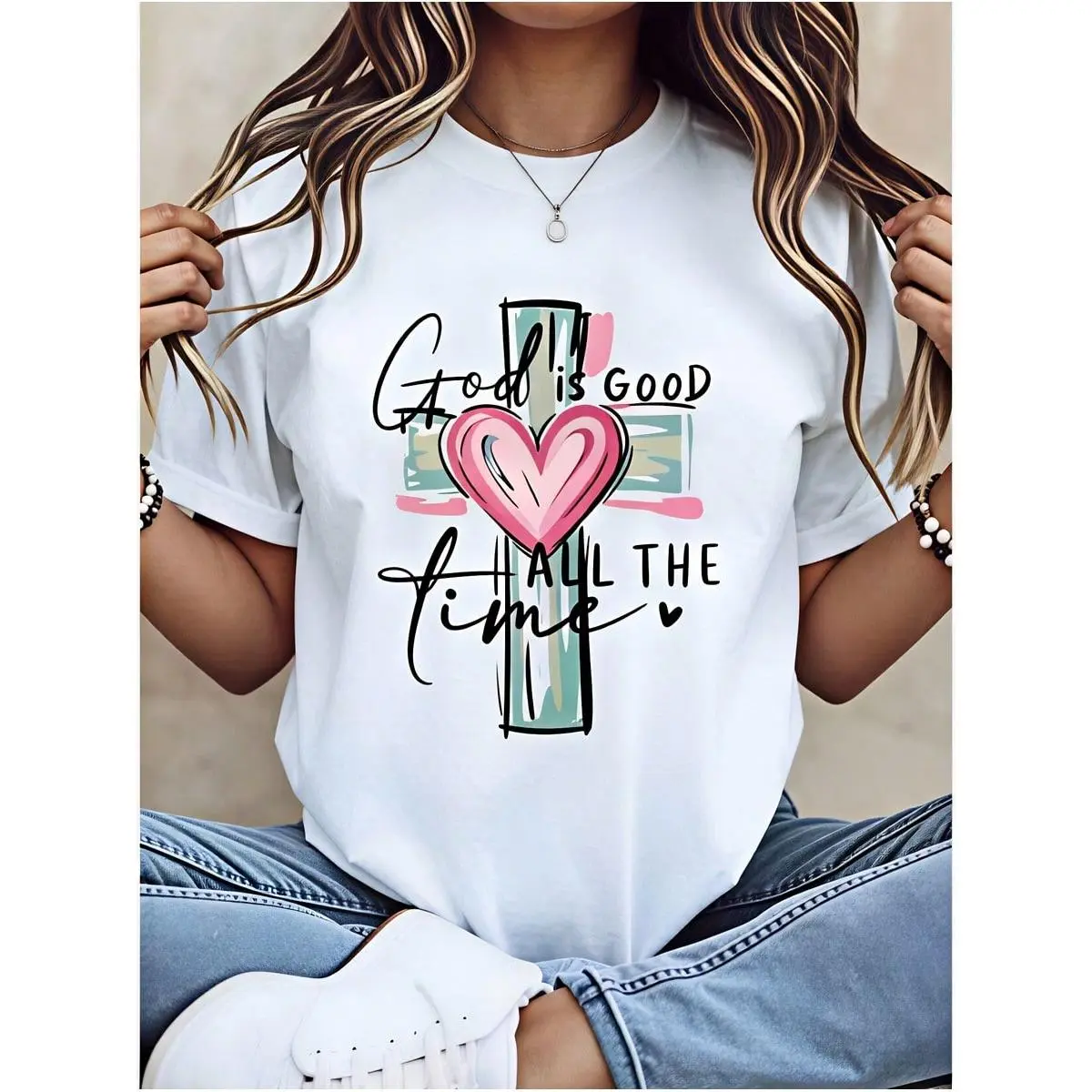 Casual, Women's T-Shirt, God Is Good All The Time Cross And Heart Design, Everyday Wear Spring Summer, Gift For Christian Women