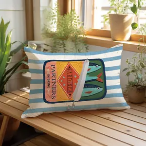 Vintage Blue Striped Sardine Can Illustration Pillow Cover, Single-Sided Print, Home Decor for Living Room Bedroom, No Filler Included
