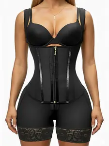 SOBNYD Women's Contrast Lace Zipper Shapewear Romper Highwaist Girdle Tummy Control Butt Lifting Shaper High Stretch Bodysuit for Daily Wear Basic Black Minimalist Strap Strappy