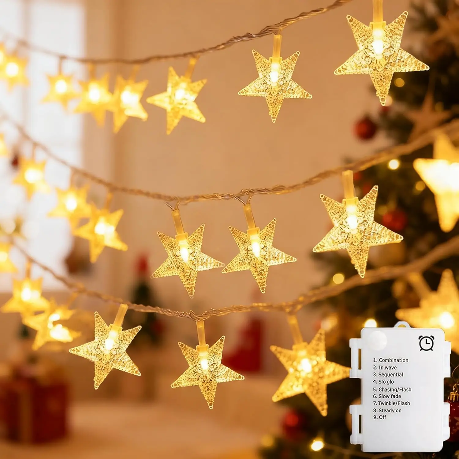 Battery-Operated Firefly Star String Lights with Bulbs, 158in Changing LED Party Lights with 8 Modes (Chasing/Flash, Chunting), Timer Auto-On, Warm White for Kid Room, Christmas Decor (Batteries Required), Fairy String Lights