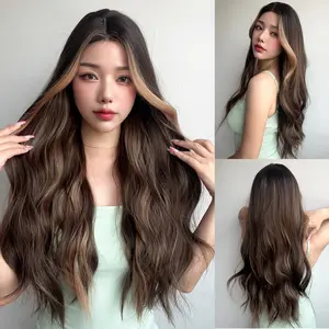 Smilco 28 Inches Brown Highlight Wig – 0.5x6 Small Lace Front Long Wavy Synthetic Wigs/SM1617